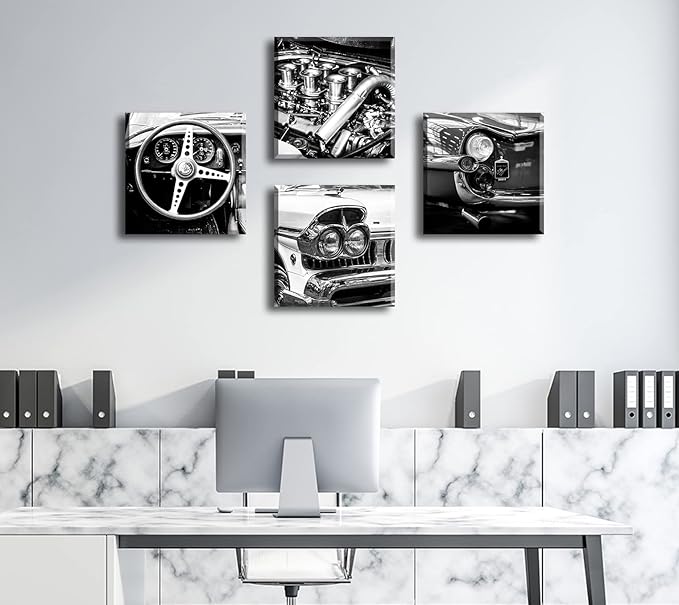 DJSYLIFE Black and White Wall Art Vintage Car Posters Decor Mens Bedroom Boys Room Office Paintings Canvas Pictures Framed Ready to Hang 12" W×12" H×4 PCS