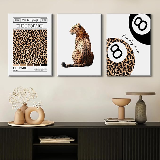 Trendy Leopard Wall Art Cheetah Print Canvas Wall Decor 8 Ball Poster Preppy Room Aesthetic Pictures Funky Coquette Vintage Prints Y2k Fashion Lucky Posters for Bedroom 12x16x3 Inch Wrapped Canvas