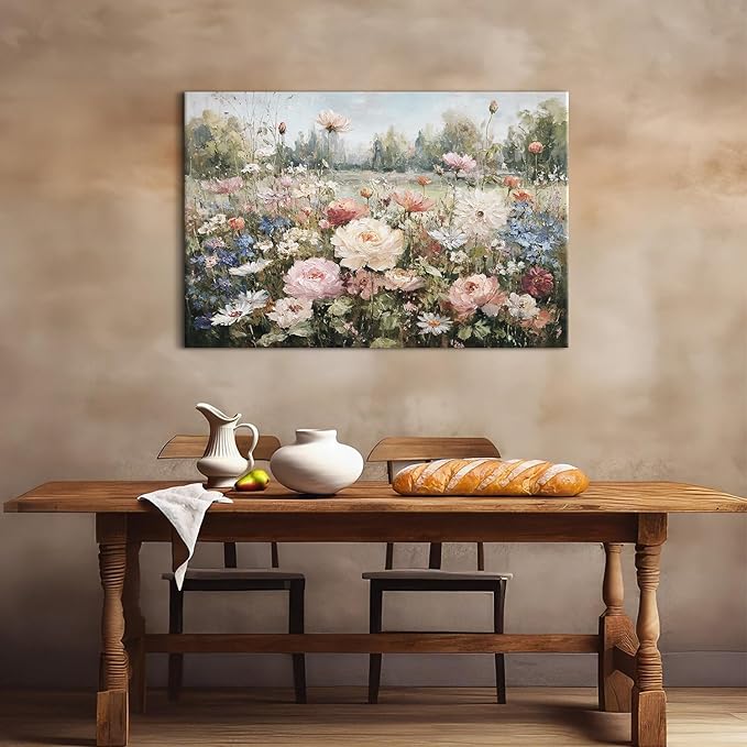 Flowers Wall Art Pink Roses Canvas Prints Painting Colorful Wildflowers Canvas Pictures Farmhouse Floral Landscape Wall Decor Botanical Artwork for Bedroom Bathroom Home Office Decorations 32x48"