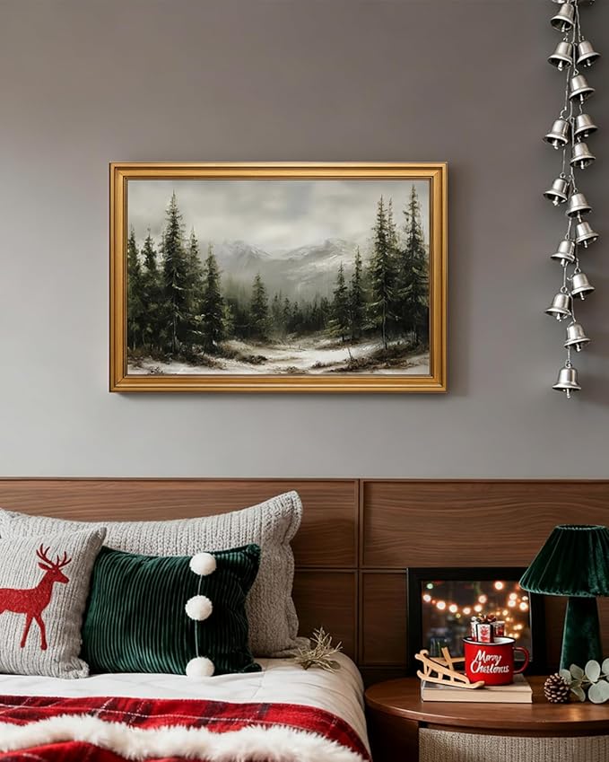 InSimSea Gold Framed Christmas Wall Art, Vintage Canvas Prints Decor, Winter Pine Forest Snowy Paintings Large Wall Decor, Rustic Pictures for Winter Xmas Holiday Decoration Gifts, 16x24inch