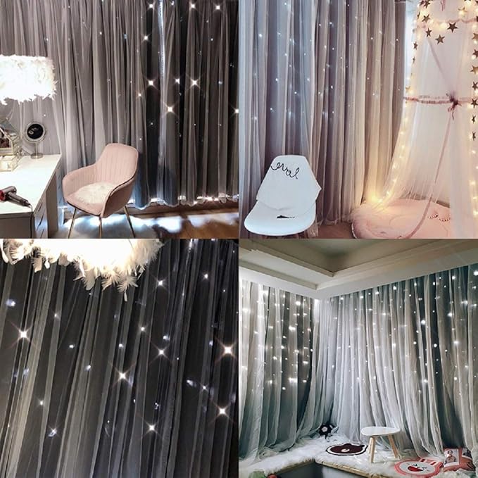 UNISTAR 2 Panels Stars Blackout Curtains for Bedroom Girls Kids Baby Window Curtain Double Layer Star Cut Out Aesthetic Living Room Decor Wall Home Decorations Curtain,W52 x L84 Inches,Grey