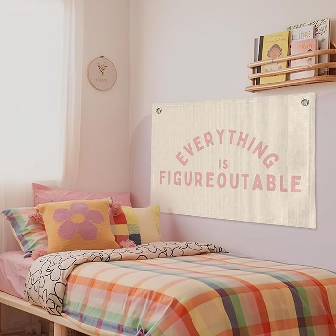 Everything is Figureoutable Inspirational Wall Decor, Motivational Classroom Wall Decor, Classroom Linen Canvas Banner Hanging Flag, 20x30 Inch - Pink
