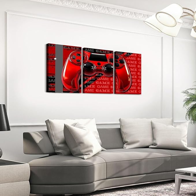 Feelyou Gamer Canvas Wall Art 12" x 16" 3 Piece Game Controller Office Wall Artwork Posters for Teens Adults Gaming Gifts Bathroom Wall Art for Home Gamepad Red and Black Wall Painting