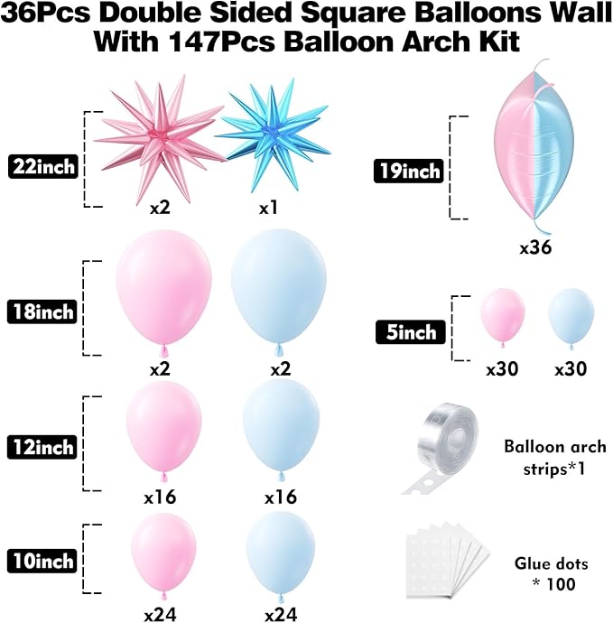 36pcs Pink and Blue Square Foil Balloons Wall Backdrop with 147pcs Balloon Garland Arch Kit, Double Sided Balloons for Princess Birthday Boy or Girl Gender Reveal Baby Shower Party Decorations