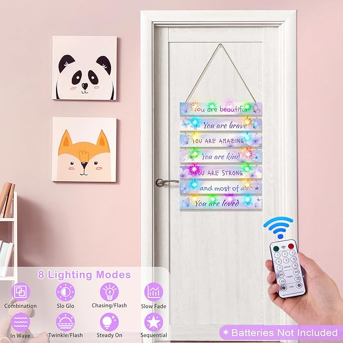 FIOBEE Girls Room Décor for Teen Girls Boys with LED Light Wall Decor for Bedroom Motivational Inspirational Wall Art Girl Room Decoration for Kids Studyroom, 8 Kinds of Lights, Blue Purple Butterfly