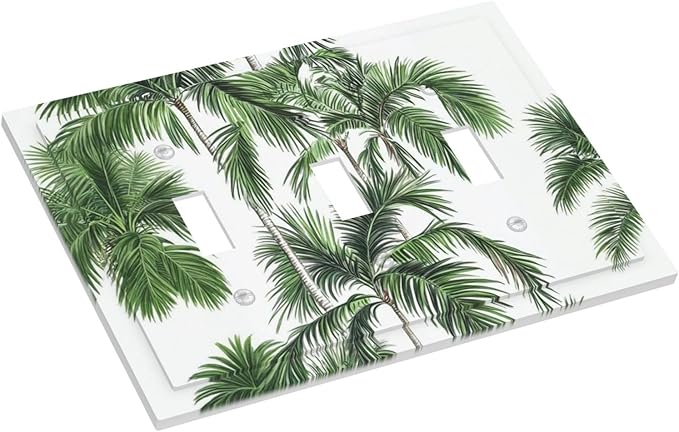 Decorative Switch Plates Palm Trees Tropical Green Plant Palm Leaf 3 Gang Wall Plate Triple Toggle Light Switch Cover Faceplate Electrical Wall Panels For Bed Room Bathroom Decor