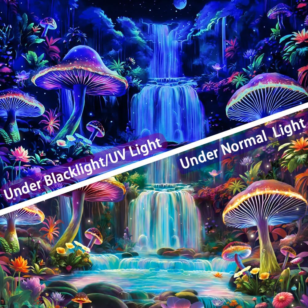 Dermijer Blacklight Tapestry Fantasy Mushroom Forest Tapestry UV Reactive Waterfall Tapestries Moon Night Neon Flower Landscape Tapestries Wall Hanging for Home Decor L59.1×W51.2