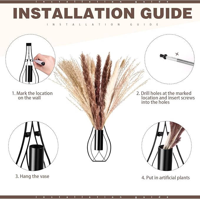 Otoolling Boho Wall Decor Set of 2 – Metal Hanging Wall Art with Faux Pampas,Minimalist Bohemian Accent for Living Room, Bedroom, Entryway(Black)