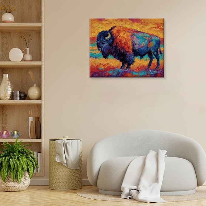 Modern Abstract Bison Wall Art Print, Vintage Vibrant Bison Painting Artwork Rustic Wall Decor for Home Farmhouse Living Room 8x10 Canvas Framed