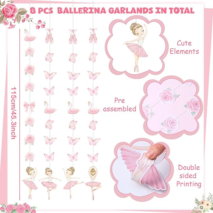 8 Pcs Ballerina Party Decorations Ballet Dancer Birthday Hanging Garlands Banner Pink Swan Rose Butterfly Paper Cutouts for Girls Wall Ceiling Decor Ballet Birthday Party Supplies