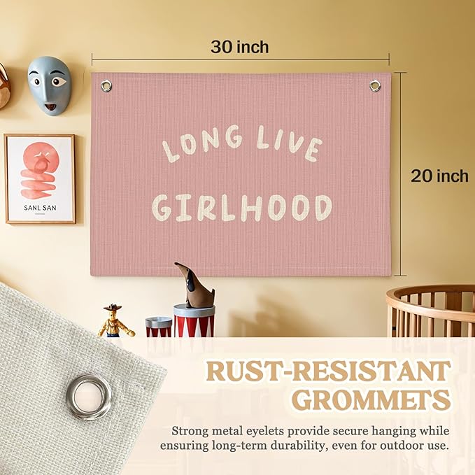 Girls Room Wall Art Decor,Long Live Girlhood Linen Canvas Banner–Pink Wall Hanging Flag Decor for Girls Room, Nursery Kids Bedroom Dorm Toddler Decorations - 20x30 Inch
