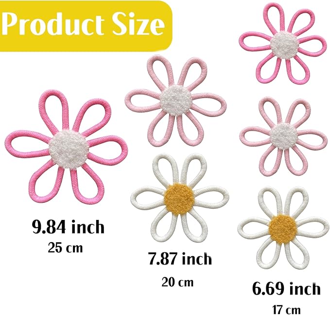 KUNHEHO Boho Wall Decor Set of 6 Daisy Flower With Butterflies Wall Decor Nursery Wall Decors Bohemian Macrame Wall Hanging Decor for Nursery Home Bedroom (3 colors)