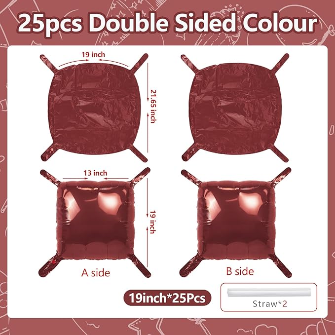 NISOCY 25PCS Maroon Square Foil Balloons Wall Backdrop Double Sided Brown Red Balloon Arch Kit for Birthday Wedding Valentine Engagement Anniversary Candlelight Dinner Party Decoration