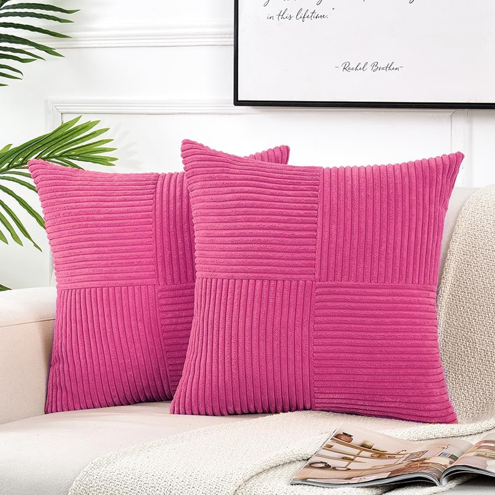 Fancy Homi 2 Packs Hot Pink Decorative Throw Pillow Covers 22x22 Inch for Living Room Couch Bed, Rustic Farmhouse Boho Home Decor, Soft Corss Corduroy Patchwork Accent Square Cushion Case 55x55 cm