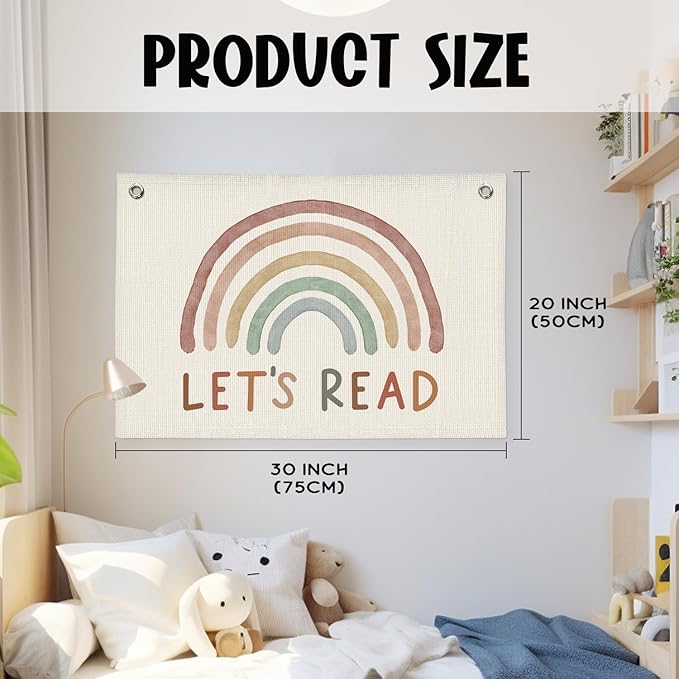 Read Linen Banner - Boho Classroom Decor, Reading Room Wall Hanging, Rainbow Canvas Flag for Homeschool, Elementary & Middle School Decorations, 20x30 Inch