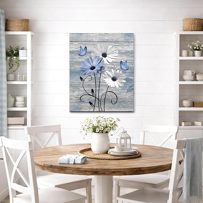 MYUSRE Farmhouse Blue Floral Canvas Wall Art Rustic Wood Daisy Butterfly Framed Wall Art Country Flower Pictures for Living Room Bedroom Bathroom Office Decor Ready to Hang, 16L X 12W Inch