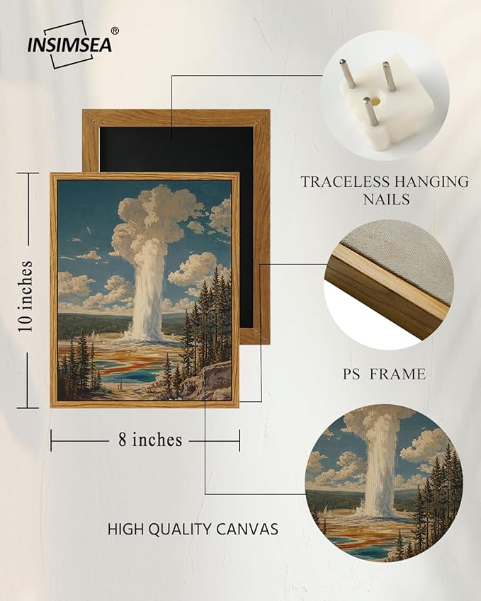InSimSea Framed Canvas Wall Art, Vintage National Park Art for Living Room Hallway Shelf, 10x8in,Yellowstone Landscape Watercolor Painting, Rustic Farmhouse Cozy Mid Century Small Nature Decor
