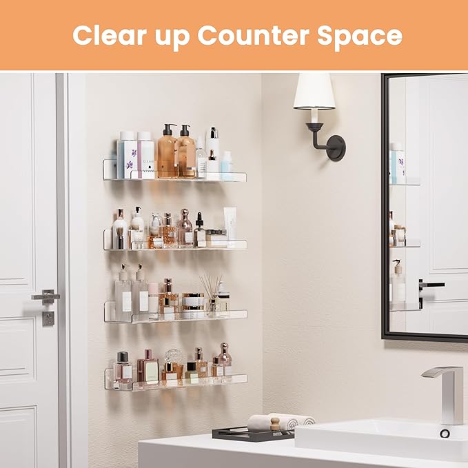 upsimples Acrylic Shelves for Bathroom Storage, 15" Floating Shelves Wall Organizer for Perfume, Make up, Skincare, Kids Bookshelf for Bedroom, Nursery, Living Room Decor, Clear, 4 Pack