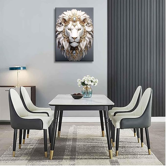 White Lion Canvas Wall Art Wild Animal Portraits Avatar Pictures Painting Decor Modern Large Gold Diamond Beast Posters Prints for Dining Living Room Bedroom Home Decoration