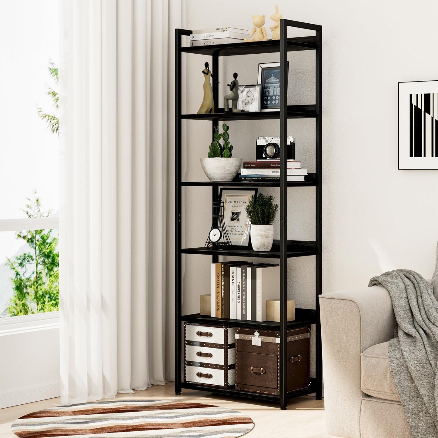 NUMENN Bookshelf, 6 Tier Bookshelves, Home Office Bookcase Shelf Storage Organizer, Free Standing Storage Shelving Unit for Bedroom, Living Room and Home Office, Black