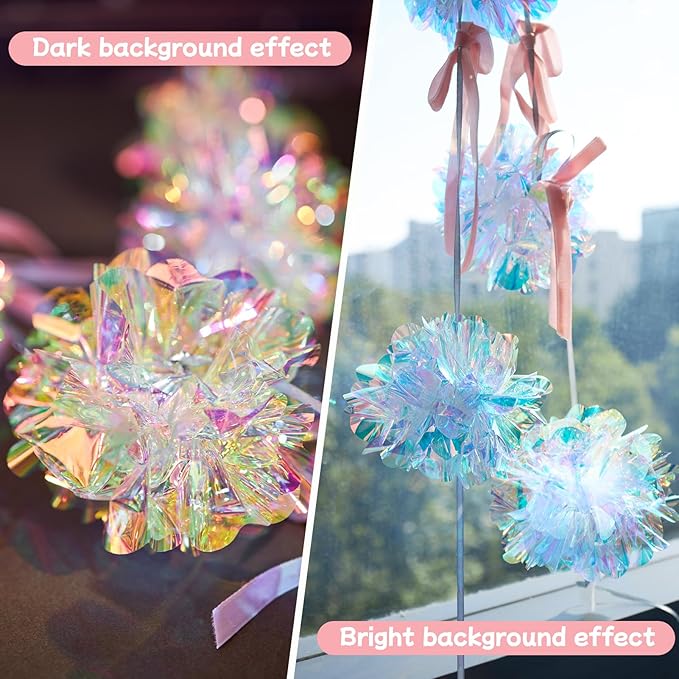 Iridescent Party Decorations, Iridescent Pompom Garland with Pink Bow Banner 1 Piece, Shimmering Mantel Garland for Birthdays, Weedings, Girls Party Decorations