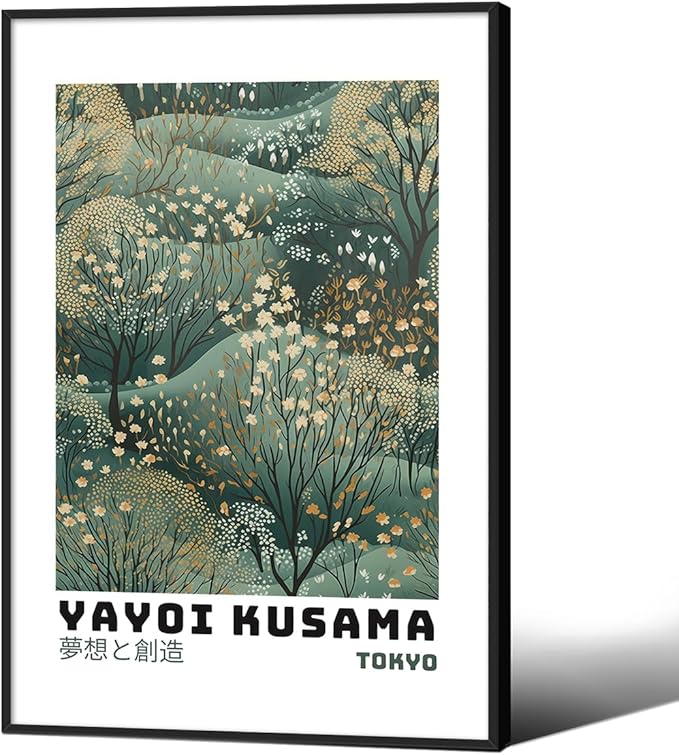 Yayoi Kusama Inspired Poster Japanese Botanical Wall Art Abstract Yayoi Kusama Print Modern Ukiyo-e Japanese Gallery Wall Decor 16x24in Black Framed for Home Bedroom Decorations