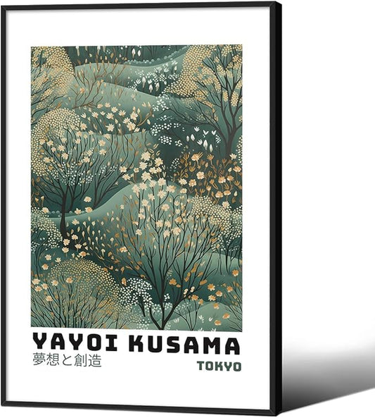 Yayoi Kusama Inspired Poster Japanese Botanical Wall Art Abstract Yayoi Kusama Print Modern Ukiyo-e Japanese Gallery Wall Decor 16x24in Black Framed for Home Bedroom Decorations