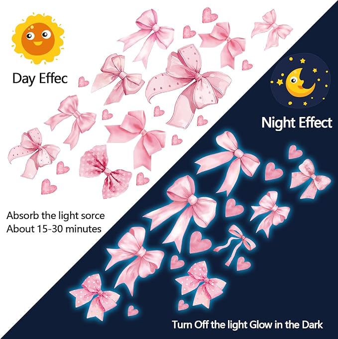 Glow in The Dark Pink Bow Wall Stickers Glowing Luminous Light Pink Bow Knot Wall Decals Watercolor Coquette Wall Art Decor Wallpaper for Nursery Kindergarten Girls Bedroom