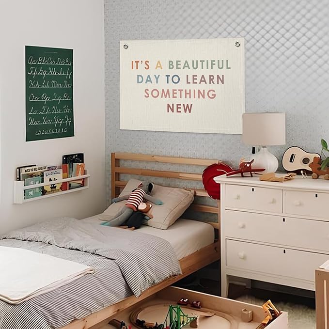 Classroom Decor Banner, Teacher Gifts, Cute Boho Neutral Classroom Must Haves Wall Decor, Inspirational Linen Canvas Banner Flag, It's A Beautiful Day to Learn