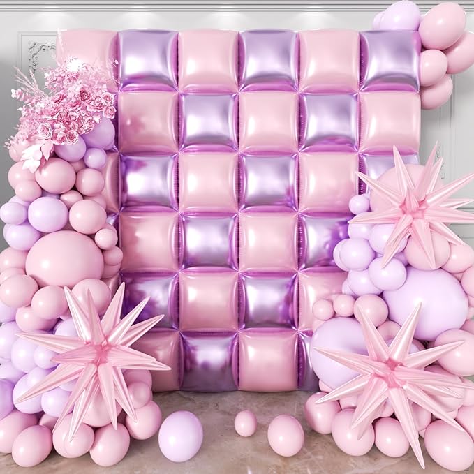 36pcs Pink and Purple Square Foil Balloons Wall Backdrop with 147pcs Balloon Garland Arch Kit, Double Sided Balloons for Princess Birthday Wedding Bridal Shower Baby Shower Party Decorations
