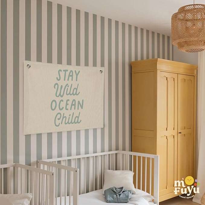 Stay Wild Ocean Child Linen Canvas Banner, Nursery Kids Room Playroom Home Decor, Baby Kids Boy Girl Gift, Beach House Decor 30x20 Inch