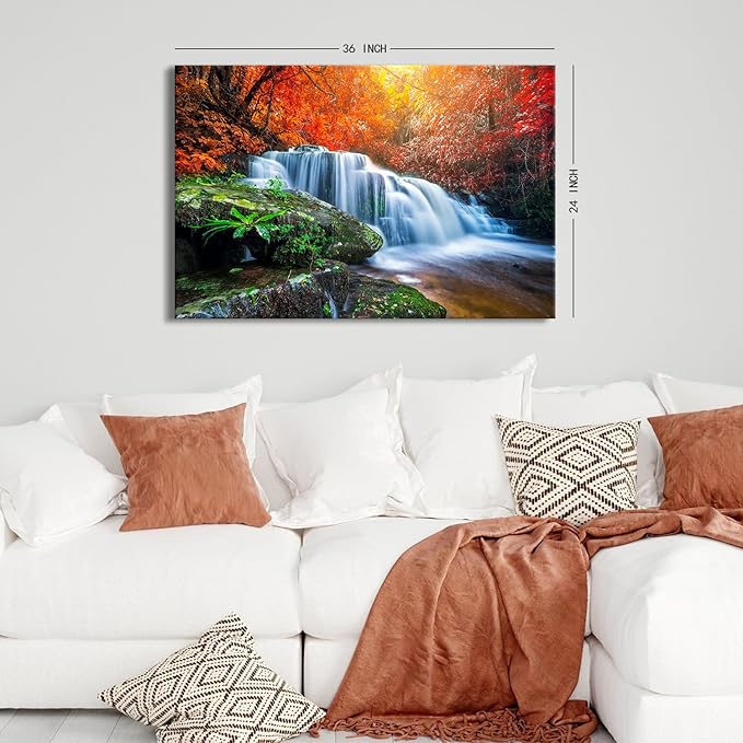 Waterfall Wall Art Autumn Red Forest Wall Decor for Living Room Nature Trees River Landscape Canvas Prints Fall Stream River Pictures National Park Posters for Bedroom Bathroom Home Decoration 24x36"