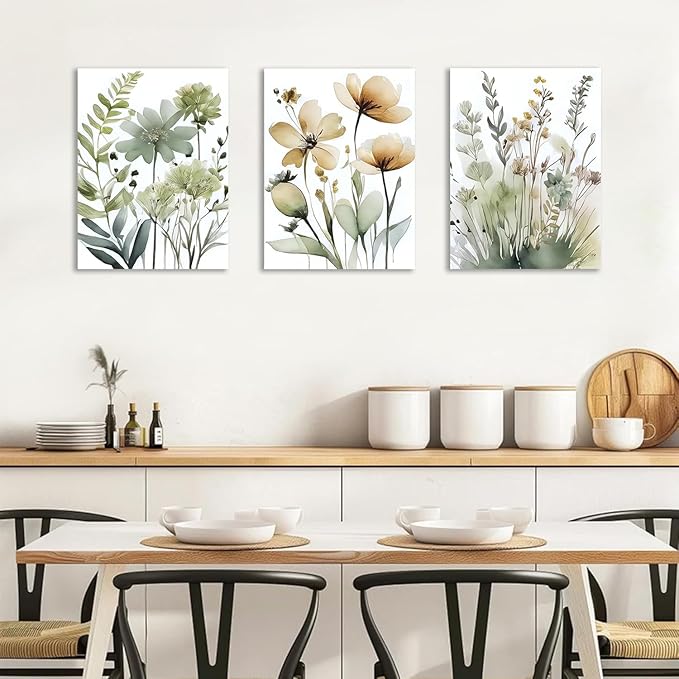 Sage Green Botanical Wall Art Set of 3 Boho Floral Art Wall Decor Minimalist Flower Posters Prints Pictures for Living Room Bedroom Bathroom or Entryway Decoration16x24 Inch Framed