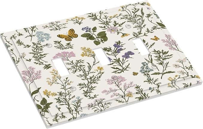 Decorative Switch Plates Vintage Colorful Flowers Butterfly Floral 3 Gang Wall Plate Triple Toggle Light Switch Cover Faceplate Electrical Wall Panels For Bed Room Living Room Decor