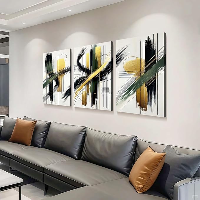 3 Pcs Framed Abstract Wall Art Modern Gallery Prints Black Green Gold Lines Canvas Painting Minimalist Poster Picture Living Room Bedroom Office Wall Decor 16x24 Inch Ready To Hang