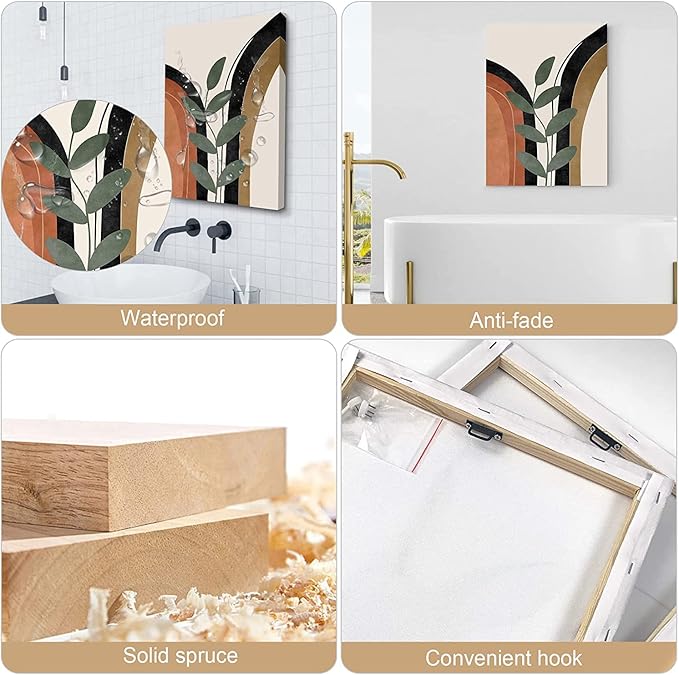 Boho Wall Art Set of 3 - Mid Century Modern Canvas Prints: Sun Moon Leaf Mountain, Neutral Abstract Geometric for Bedroom, Bathroom, Living Room, Office