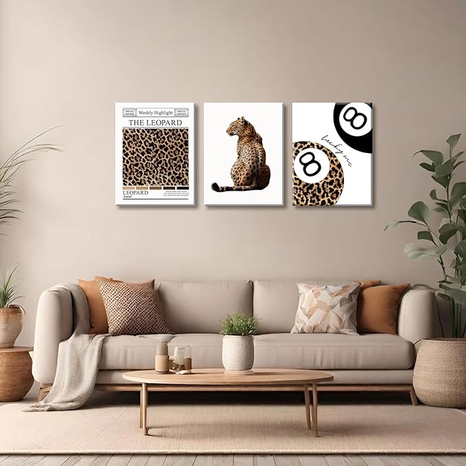 Set of 3 Trendy Leopard Canvas Wall Art Funky Lucky 8 Ball Posters Prints Preppy Room Aesthetic Cheetah Wall Decor Pictures for Girly Bedroom Apartment Dorm 16x24in