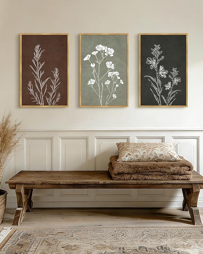 Drsoum Vintage Boho Flower Wall Art Framed Retro Botanical Floral Wall Prints Wildflower Neutral Rustic Bohemain Artwork Kitchen Bedroom Ready to Hang 16x24in Natural Framed