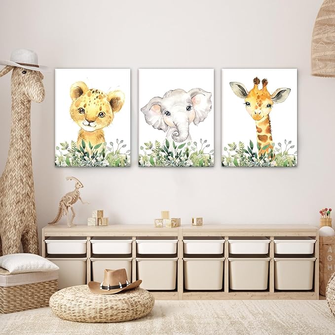 Baby Safari Nursery Wall Decor - Set of 3 Pictures Cute Animal Wall Prints on Canvas Jungle Nursery Safari Decor gifts for Baby Boys and Girls Room, Framed Wall Art (12 x16inch)