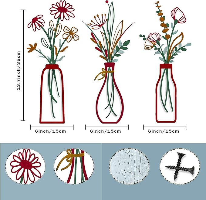3 Pieces Metal Flowers Wall Arts - Rustic Farmhouse Style Décor Metal Wall Art Black Minimalist Flower Natural Themed Wall Decors for Home Bedroom Dining Room Housewarming (Red)