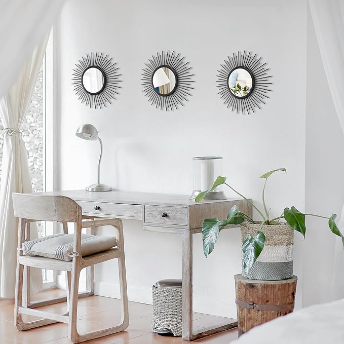Cityelf 3 Set Sunburst Mirrors for Wall Decorative Metal Mirrors Small Mirror Sets Decor Hanging Mirror Wall Sculpture for Bedroom Living Room Entryway