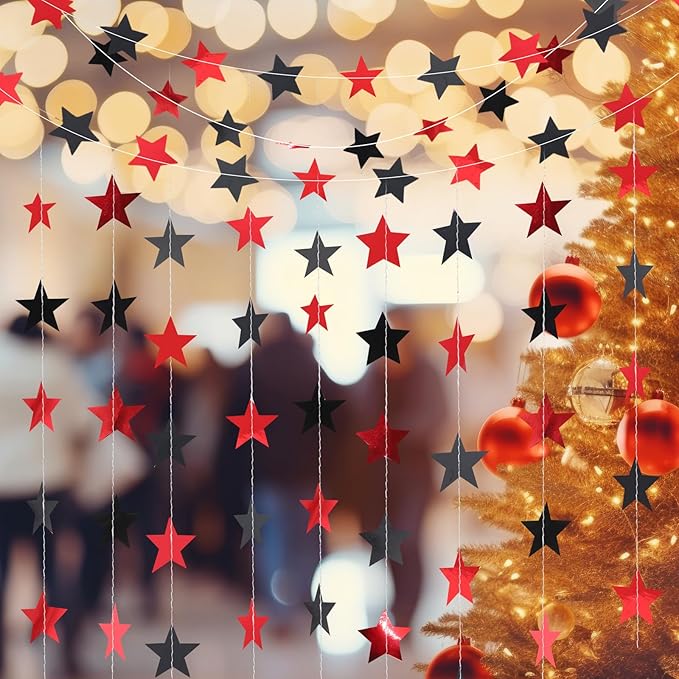 Patelai Glitter Star Garland Banner 2026 Graduation Decor 130 Feet Star Hanging Banner Twinkle Backdrop for Party Birthday Classroom Wedding Supplies(Red,Black)