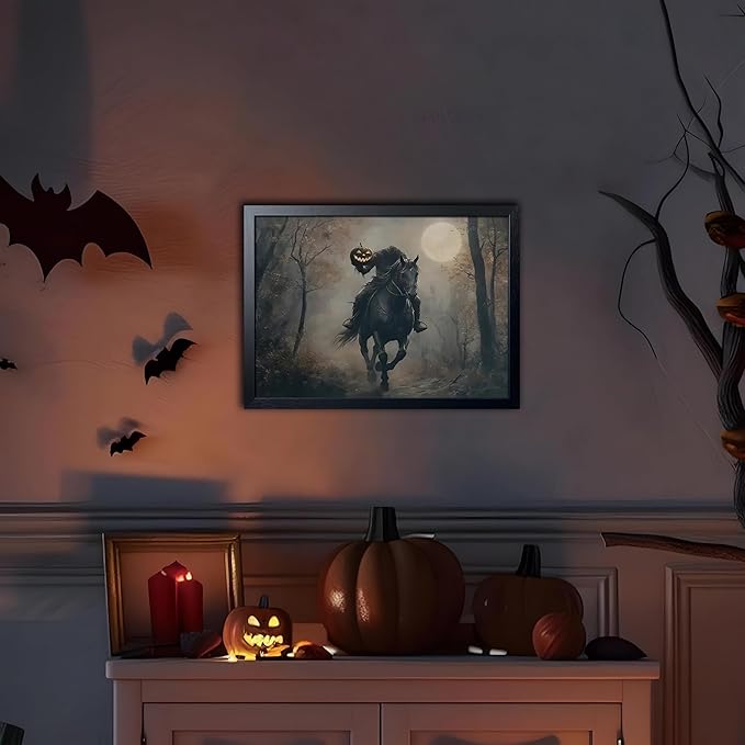 Vintage Canvas Wall Art, Dark Academia Wall Decor, Gothic Poster Print Painting, Headless knight holding a pumpkin lantern Halloween for Living Room Bedroom Decor 12x16 Inch Black Wood Framed