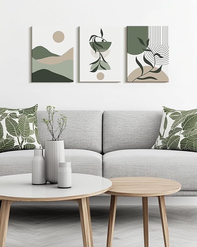 Drsoum Green Botanical Boho Wall Art Framed Modern Sage Bohemian Plant Wall Decor Abstract Geometry Lines Artwork Hallway Bedroom Prints Ready to Hang 12x16in Framed