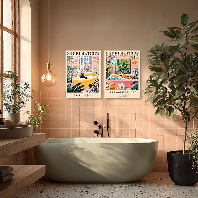 IAFWZX Framed Funny Bathroom Wall Art, Humor Black Cat In Bathtub Wall Decor, Vintage Henri Matisse Canvas Painting, Whimsical Cute Animal Poster Print for Living Room Bedroom 16"x24"