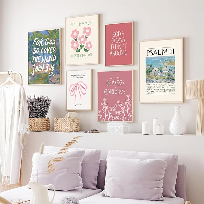 Bible Verse Wall Art Christian Canvas Wall Decor Aesthetic Scripture Wall Art Preppy Religious Posters Jesus Painting Floral Bow Pictures Vintage Prints for Living Room Bedroom 12x16x6 Inch Unframed