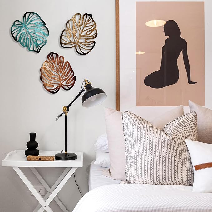 Palm Leaves Wood Wall Decor , 3Pcs Tropical Wall Art Jungle Decor, Wooden Natural Leaves Plant Wall Decor, Vintage Tropical Plant Plaque for Home Living Room Kitchen Bedroom Bathroom & Garden, Blue&Brown