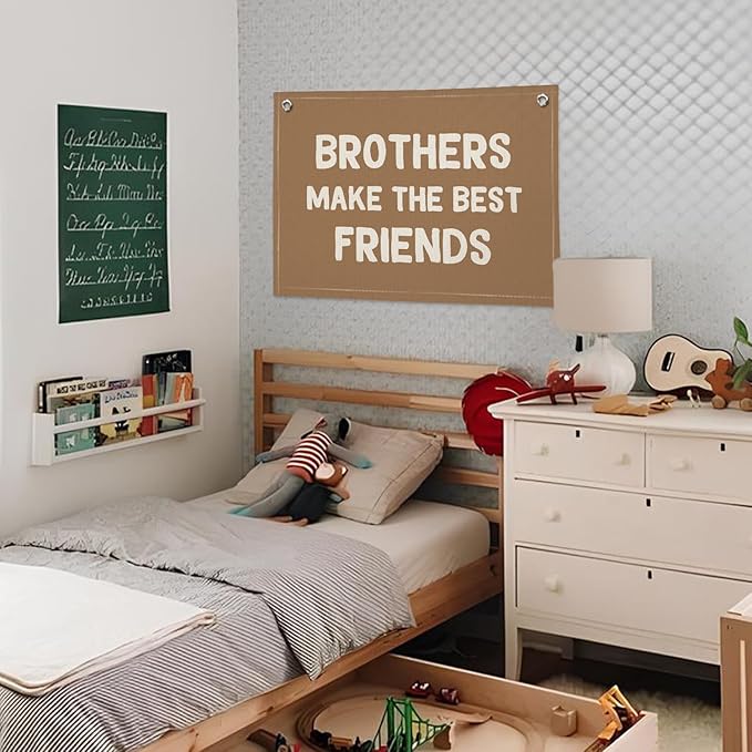 Brothers Make The Best Friends Banner, Boys Room Decor, Toddler Boy Linen Banner Wall Hanging Flag Decor for Nursery 20x30 - Beige