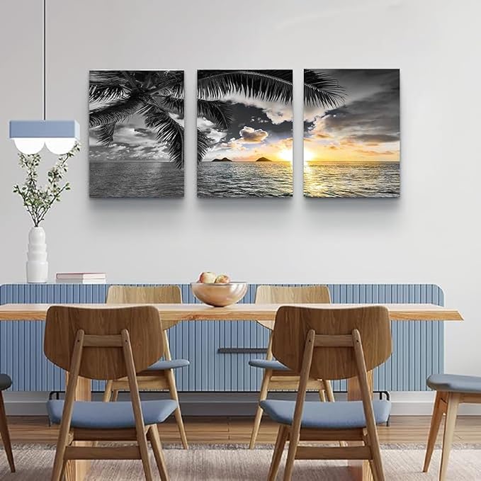Yxbhhym Sunset Beach Canvas Wall Art Bathroom Black and White Coastal Wall Decor Ocean Prints Art Seascape Pictures Palm Painting Artwork for Living Room Bedroom Decor Office Home Decoration