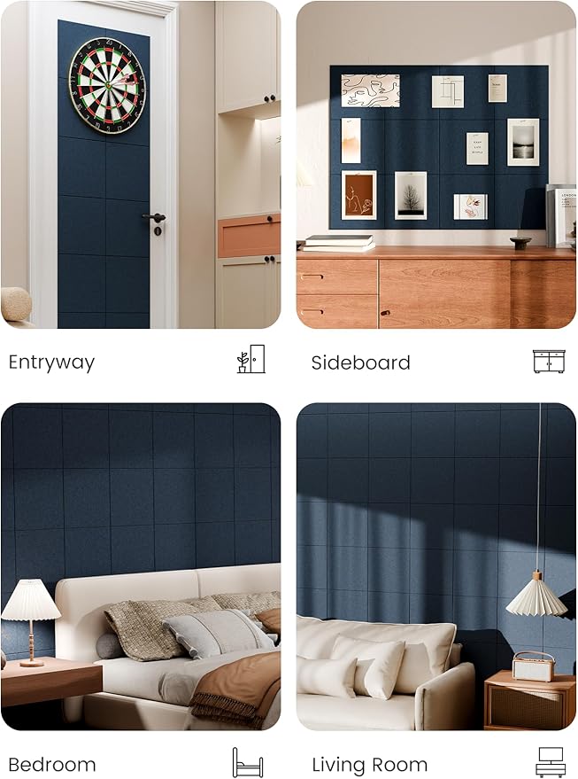 Bumusty Large Cork Board 48" x 36" Alternative - 12 Pack Felt Wall Tiles with 70 Safe Removable Adhesive Tabs, 30 Pushpins, Cork Boards for Walls Pin Board Bulletin Board Office Decor (Navy Blue)